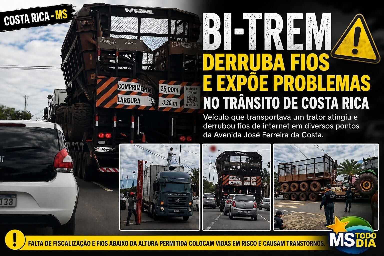 Ilustração da notícia Sem fiscalização, bi-trem derruba fios na principal avenida e volta a expor problemas no trânsito de Costa Rica da MS Todo dia