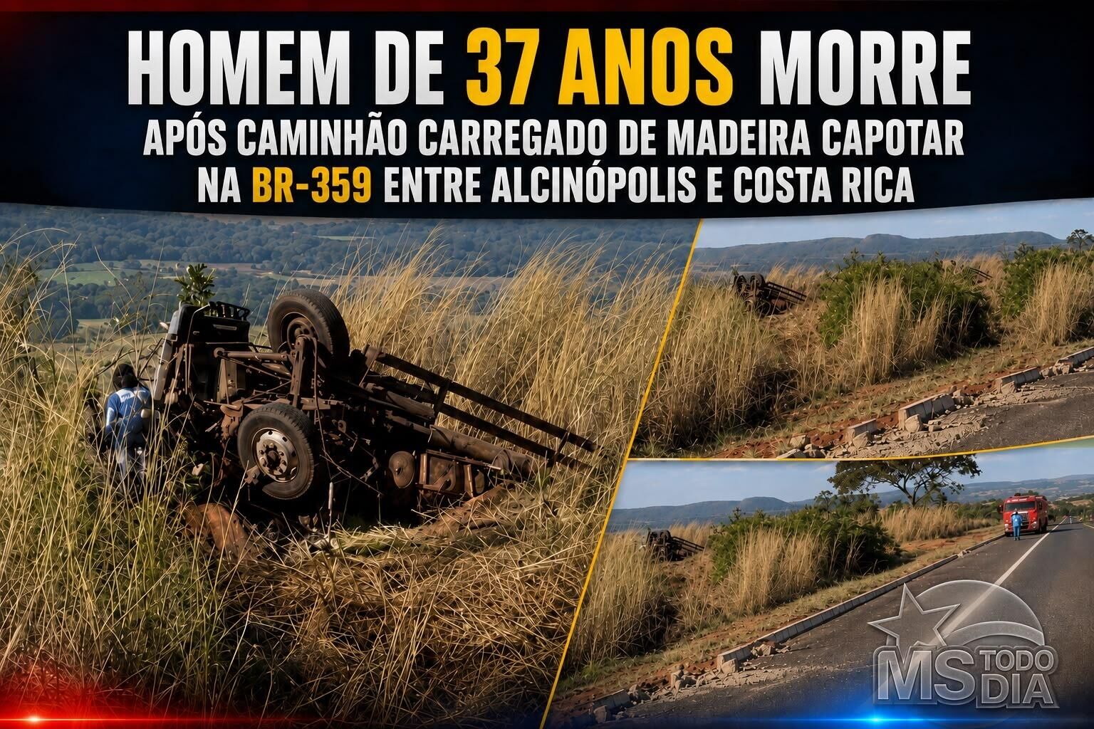 Imagem da notícia Homem de 37 anos morre após caminhão carregado de madeira capotar na BR-359 entre Alcinópolis e Costa Rica