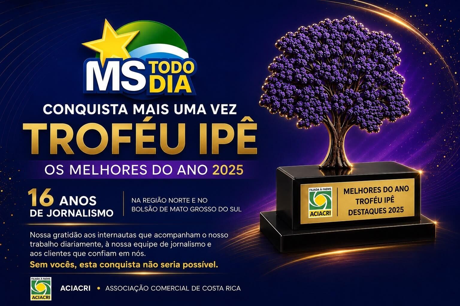Imagem ilustrativa da matéria Da viola à notícia: MS Todo Dia completa 16 anos e divide novo Troféu Ipê com seus leitores