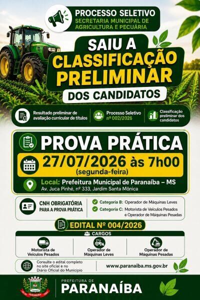 Imagem ilustrativa da matéria Prefeitura divulga classificação preliminar de processo seletivo e convoca candidatos para prova prática em Paranaíba