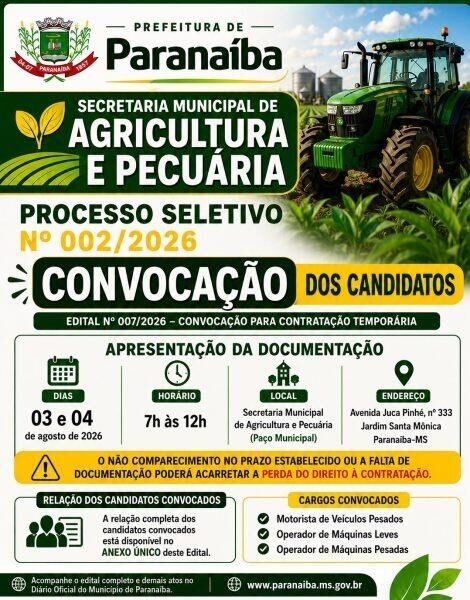Imagem ilustrativa da matéria Paranaíba convoca aprovados em processo seletivo para entrega de documentos e contratação temporária