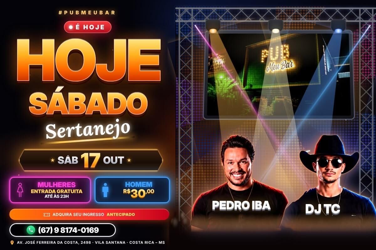 Imagem ilustrativa da matéria PUB Meu Bar recebe Pedro Iba e DJ TC e promete agitar Costa Rica neste sábado