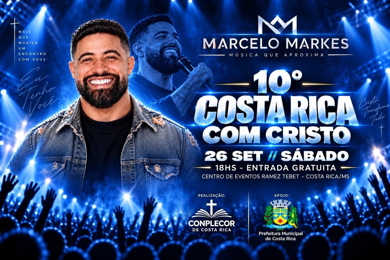 Ilustração da notícia Costa Rica com Cristo acontece neste sábado com show gratuito de Marcelo Markes da MS Todo dia
