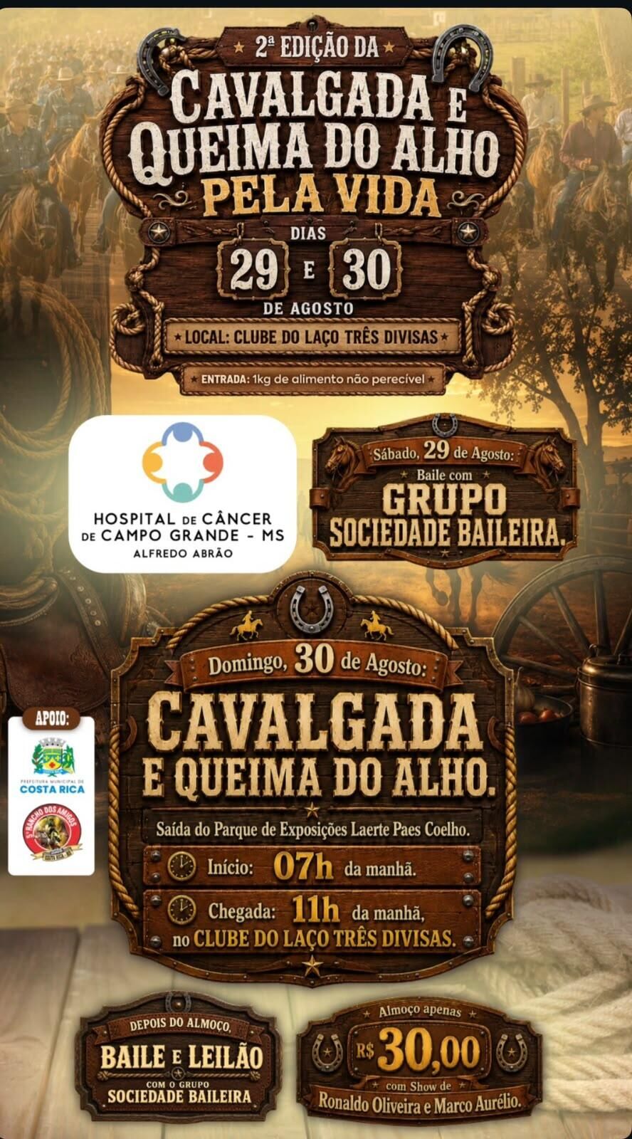 Imagem da notícia Costa Rica recebe 2ª Cavalgada e Queima do Alho Pela Vida em apoio ao Hospital de Câncer Alfredo Abrão