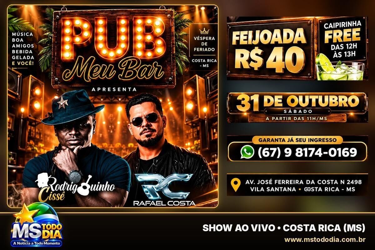 Imagem ilustrativa da matéria Feijoada com show ao vivo de Rodriguinho Cissê e Rafael Costa agita o Pub Meu Bar neste sábado (31) em Costa Rica