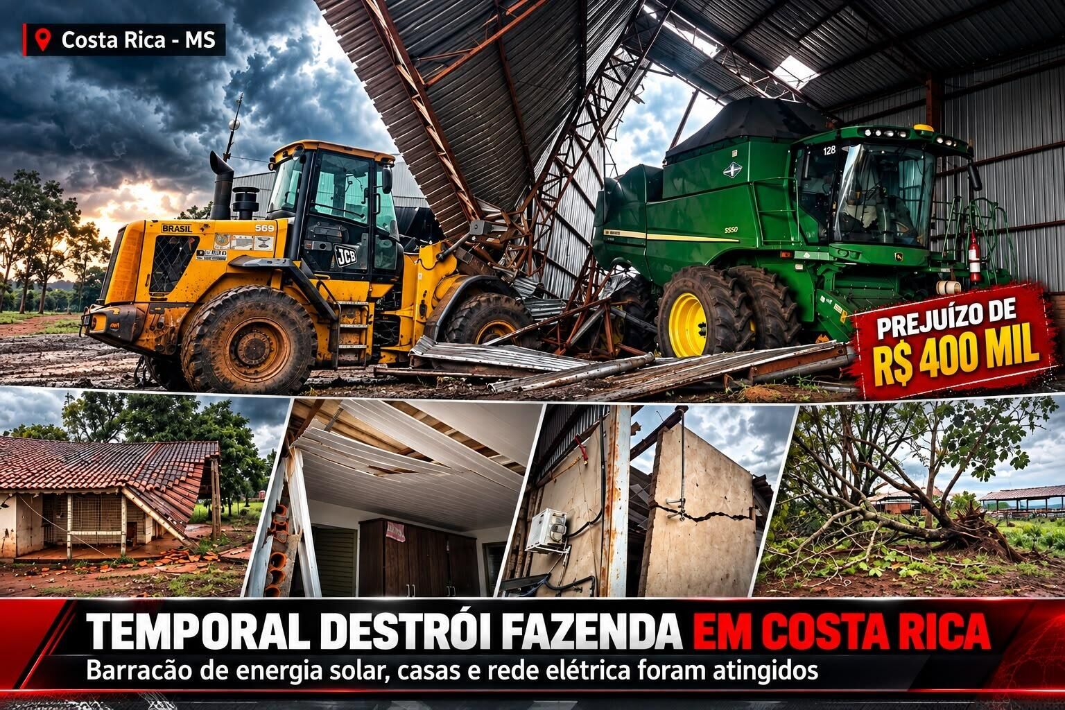 Imagem ilustrativa da matéria Temporal destrói barracão de energia solar e causa R$ 400 mil em estragos em fazenda de Costa Rica