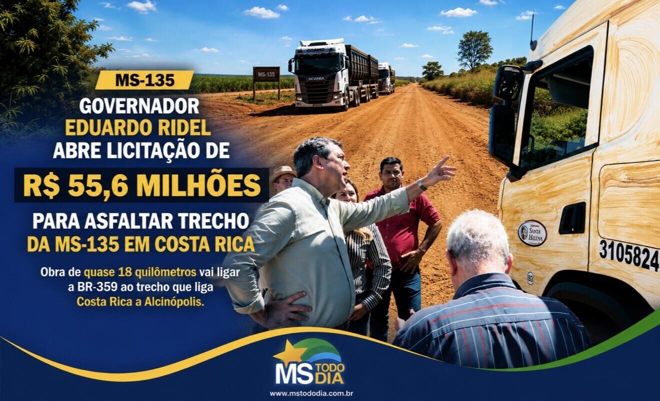 Imagem da notícia Estado abre licitação de R$ 55,6 milhões para asfaltar trecho da MS-135 em Costa Rica