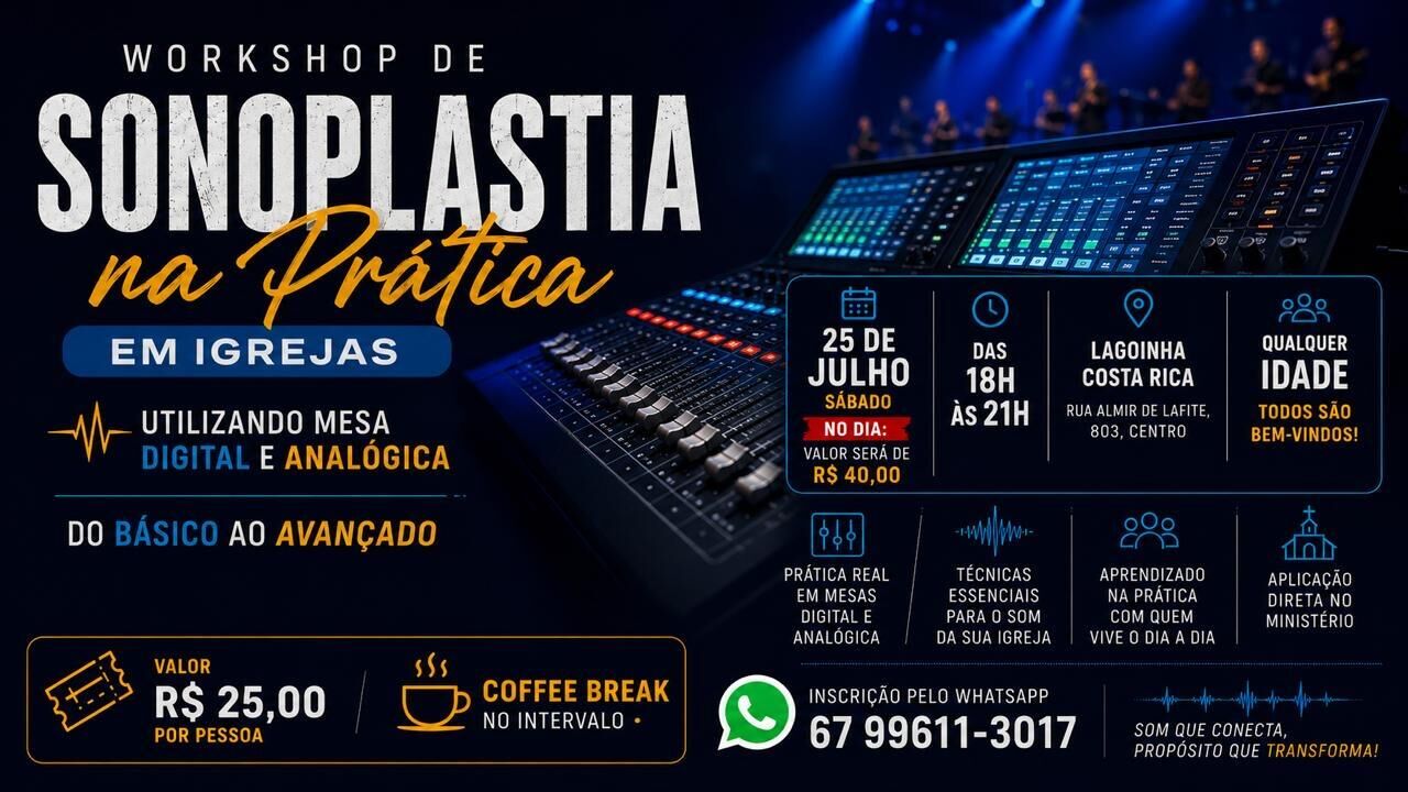 Imagem da notícia Igreja Lagoinha de Costa Rica promove Workshop de Sonoplastia com prática em mesas digitais e analógicas