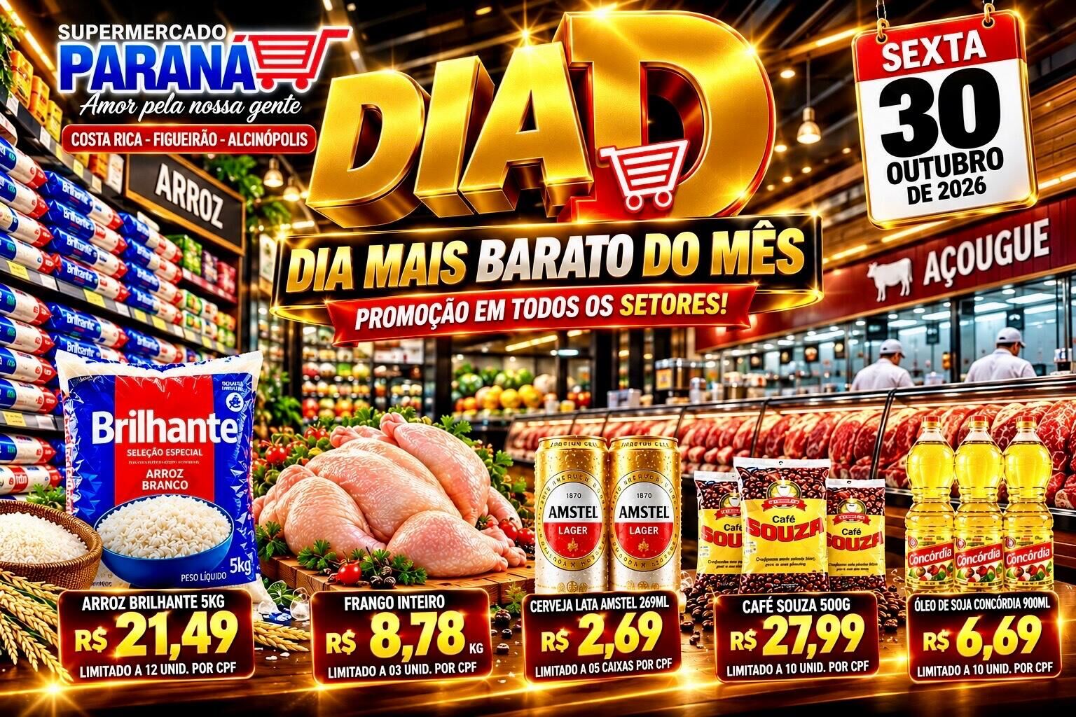 Imagem ilustrativa da matéria Dia D do Supermercado Paraná é nesta sexta com arroz 5 kg a R$ 21,49, frango a R$ 8,78 e cerveja a R$ 2,69