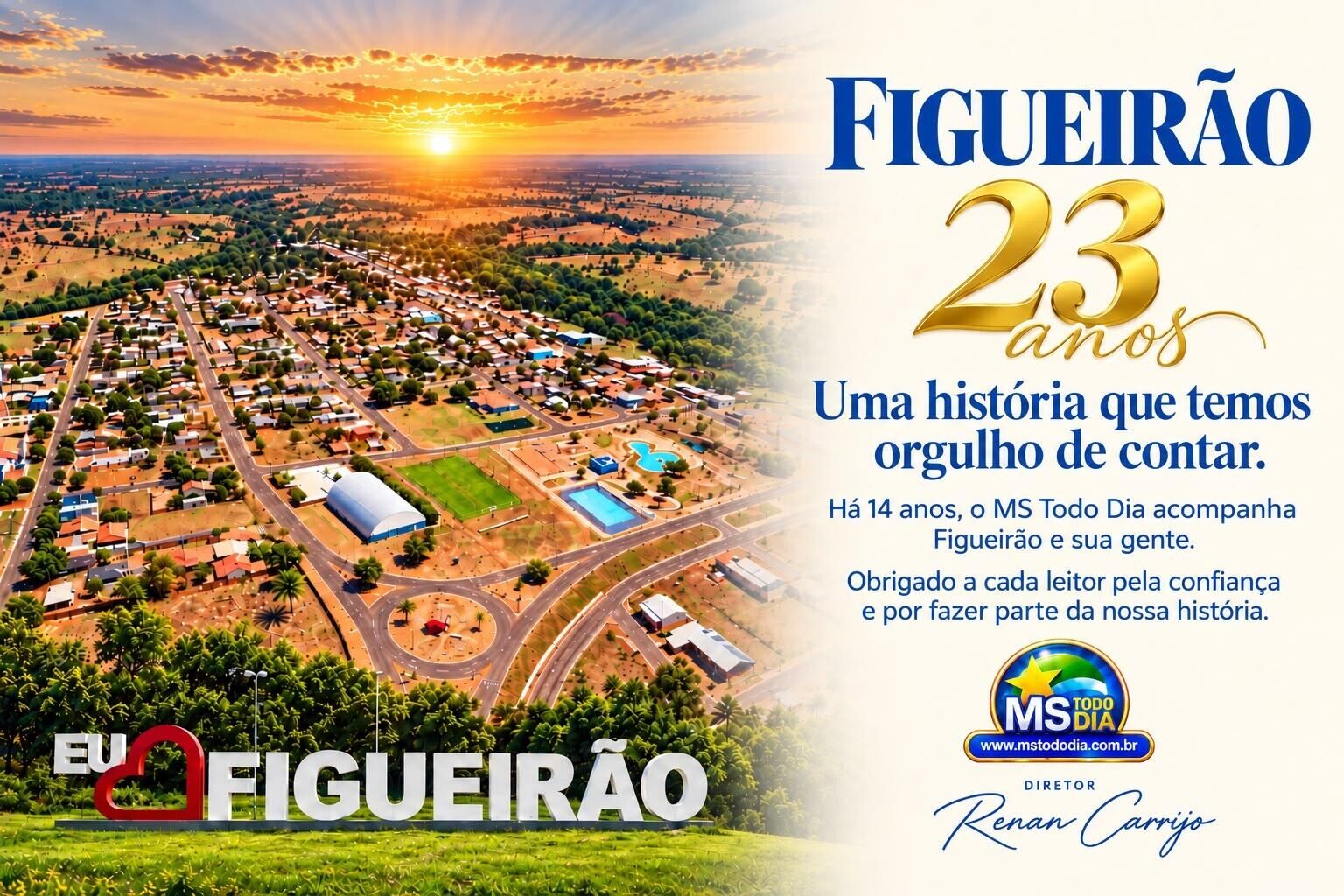 Imagem ilustrativa da matéria Figueirão celebra 23 anos de emancipação e MS Todo Dia reafirma compromisso de 14 anos com o município