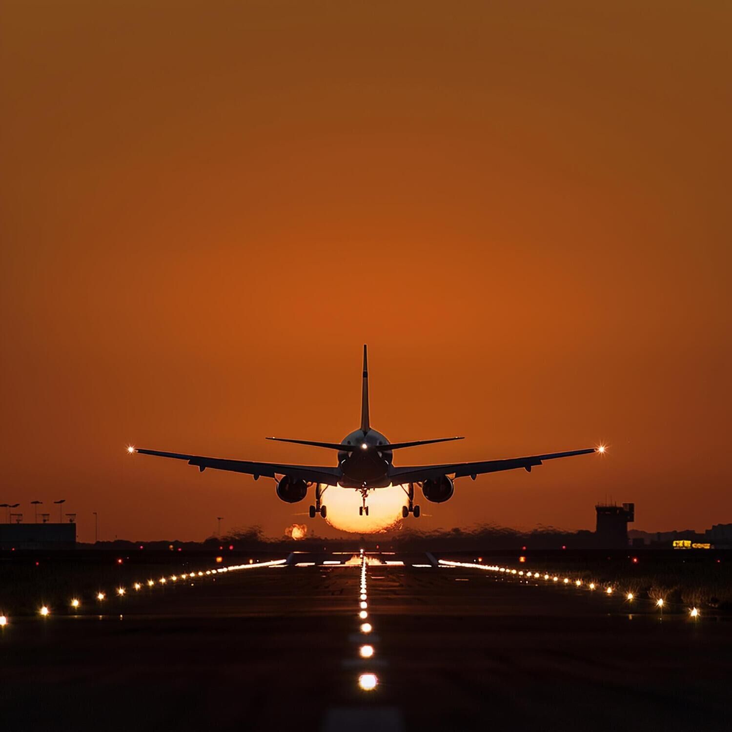 Avião pousando ao pôr do sol