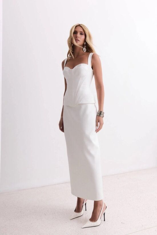 Imagem de Conjunto Alfaiataria Corset Com Detalhe Matelassê E Saia Mídi Off White Closet De Luxe