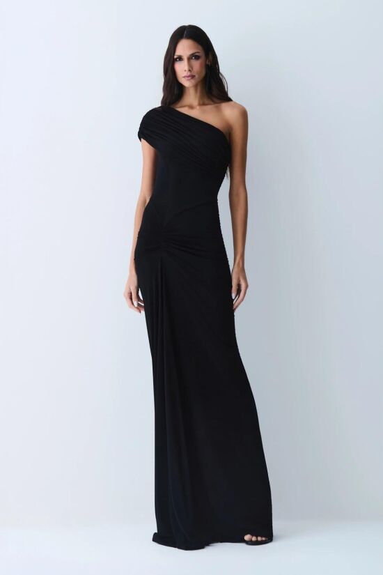 Imagem de Vestido Longo Franzidos Detalhe Frontal Um Ombro Só Preto Zen