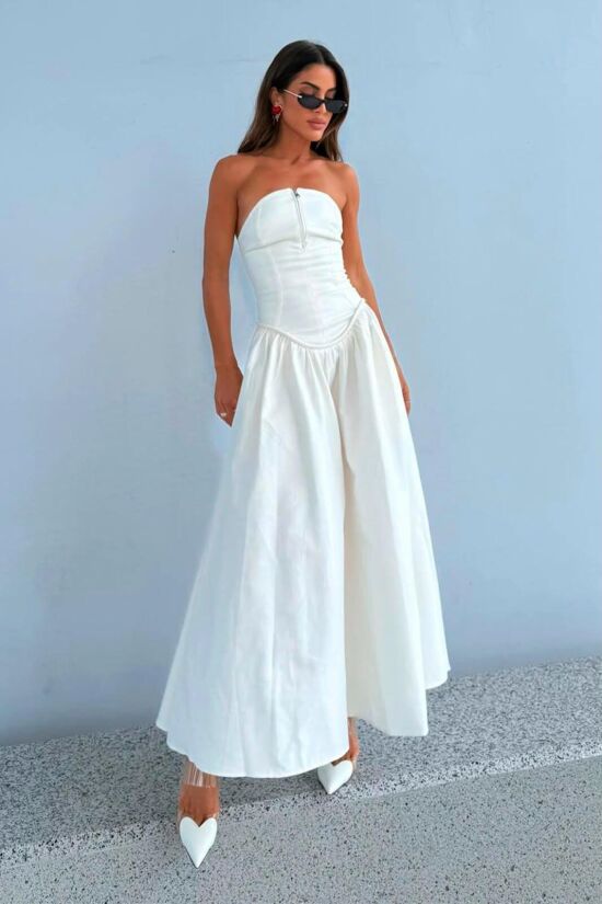 Imagem de Vestido Mídi Tomara Que Caia Zíper De Metal Frontal Off White Zen