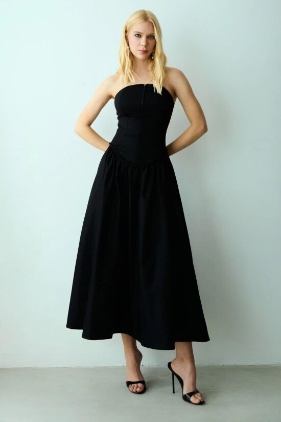 Imagem de Vestido Mídi Tomara Que Caia Zíper de Metal Frontal Preto Zen