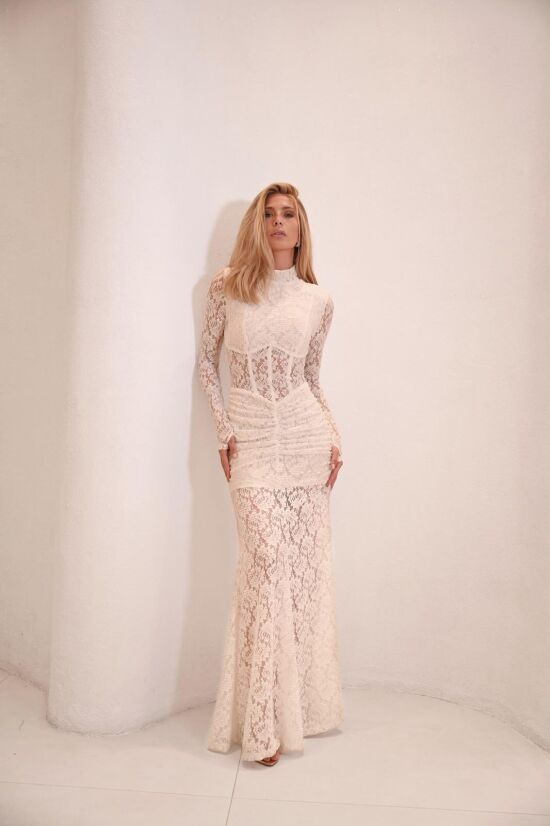 Imagem de Vestido Longo De Renda Drapeado Off White Limone