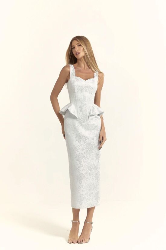 Imagem de Vestido Mídi Jacquard Rosas Off White Com Prata Closet De Luxe