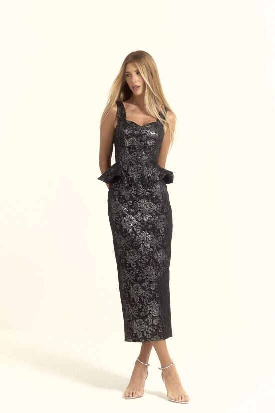 Imagem de Vestido Mídi Jacquard Rosas Preto Com Prata Closet De Luxe