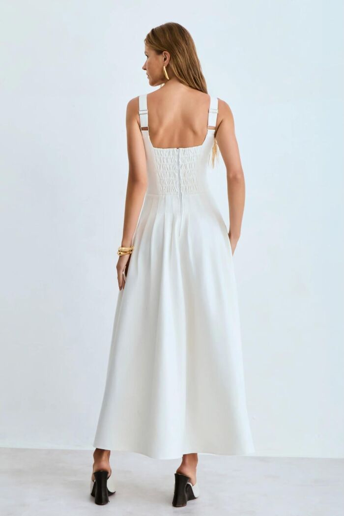 Imagem de Vestido Mídi Recorte V Busto e Pregas Na Saia Off White Zen