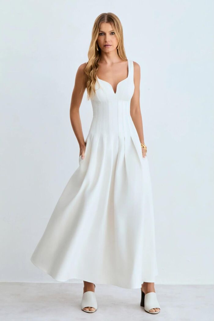 Imagem de Vestido Mídi Recorte V Busto e Pregas Na Saia Off White Zen