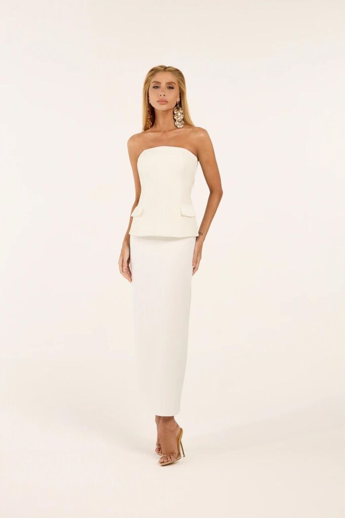 Imagem de Conjunto Alfaiataria Top Plissado Com Lapelas E Saia Off White Closet De Luxe