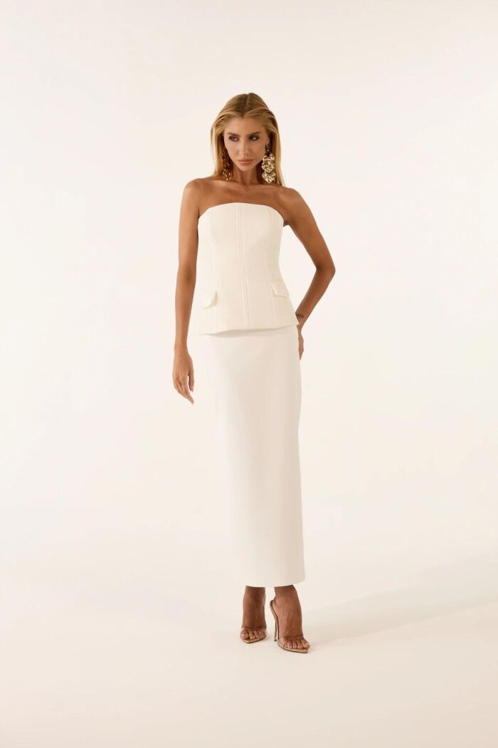 Imagem de Conjunto Alfaiataria Top Plissado Com Lapelas E Saia Off White Closet De Luxe