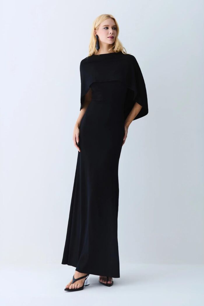 Imagem de Vestido Longo Decote V Abertura Costas E Capa Preto Zen