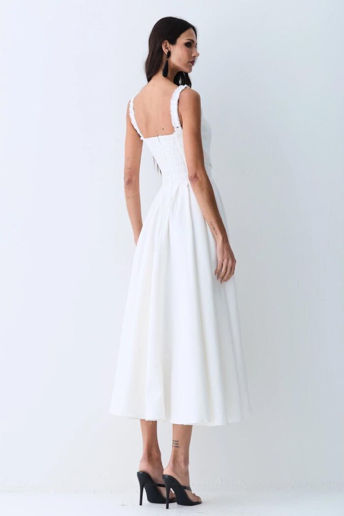 Imagem de Vestido Mídi Detalhe Decote E Alça Com Pregas E Saia Off White Zen