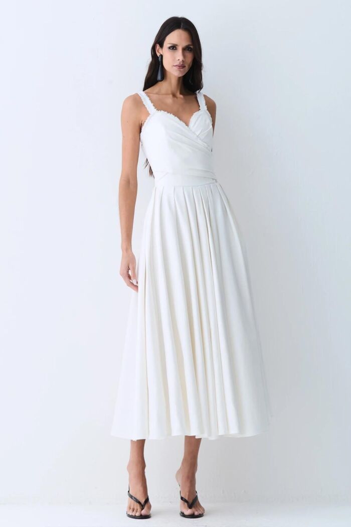 Imagem de Vestido Mídi Detalhe Decote E Alça Com Pregas E Saia Off White Zen