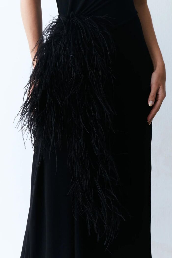 Imagem de Vestido Mídi Franzido Ombro E Lateral Com Plumas Preto Zen