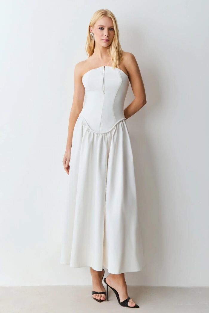 Imagem de Vestido Mídi Tomara Que Caia Zíper De Metal Frontal Off White Zen