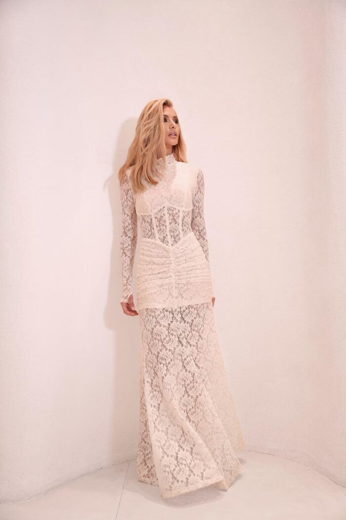 Imagem de Vestido Longo De Renda Drapeado Off White Limone
