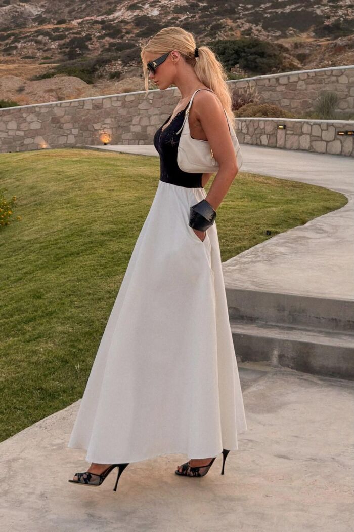 Imagem de Vestido Mídi Em Renda Alça Fina E Saia Estruturada Preto Com Branco Zen