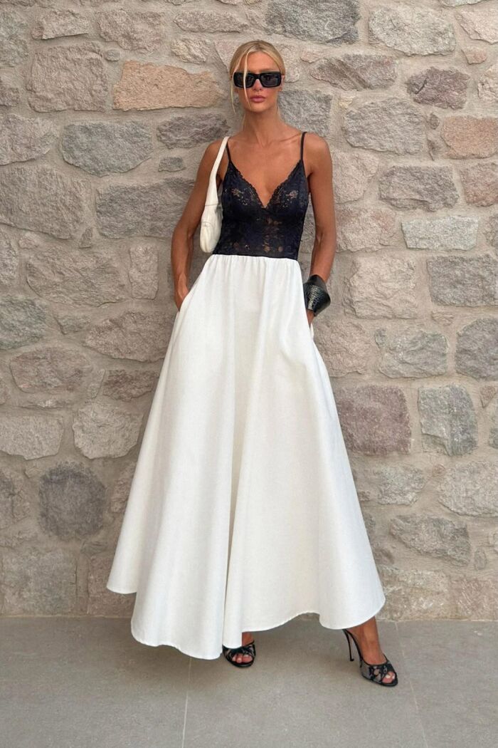 Imagem de Vestido Mídi Em Renda Alça Fina E Saia Estruturada Preto Com Branco Zen
