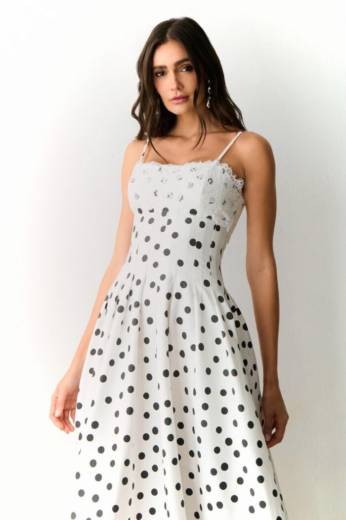 Imagem de Vestido Mídi Recortes Pespontados Cintura Renda Busto Poá Off Com Preto Zen