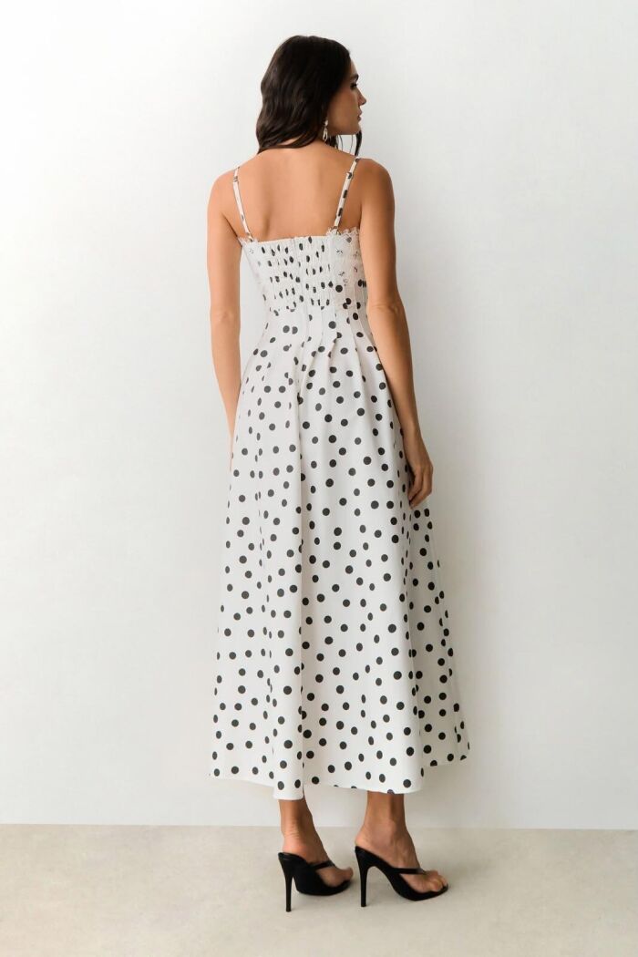 Imagem de Vestido Mídi Recortes Pespontados Cintura Renda Busto Poá Off Com Preto Zen