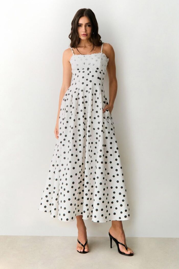 Imagem de Vestido Mídi Recortes Pespontados Cintura Renda Busto Poá Off Com Preto Zen