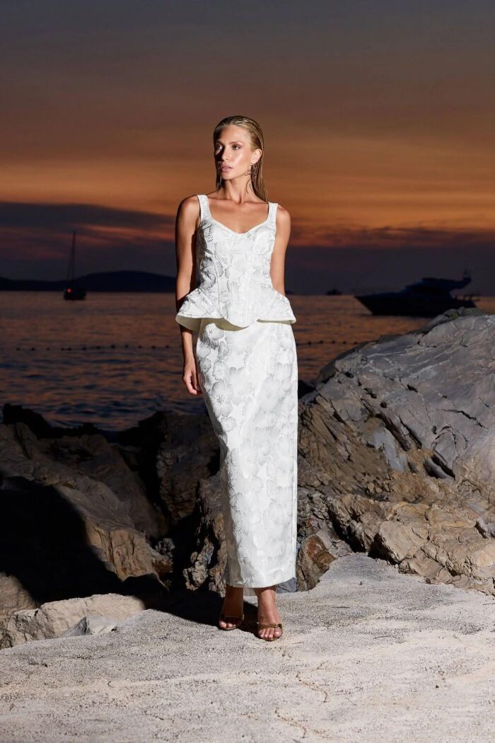 Imagem de Conjunto Corset Estruturado E Saia Lápis Mídi Off White Closet De Luxe