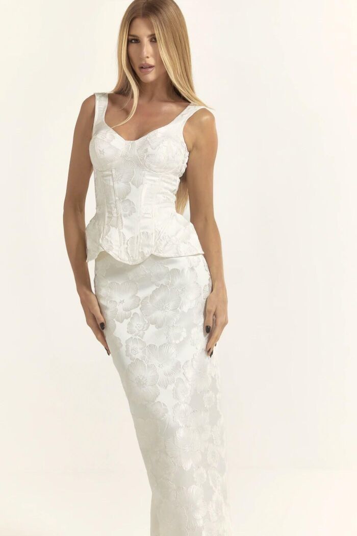 Imagem de Conjunto Corset Estruturado E Saia Lápis Mídi Off White Closet De Luxe