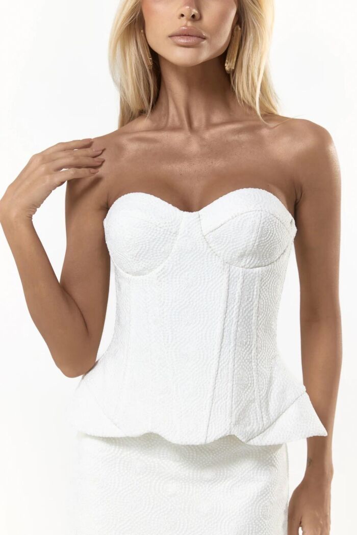 Imagem de Conjunto Voil Bordado Corset Tomara Que Caia E Saia Mídi Off White Closet De Luxe