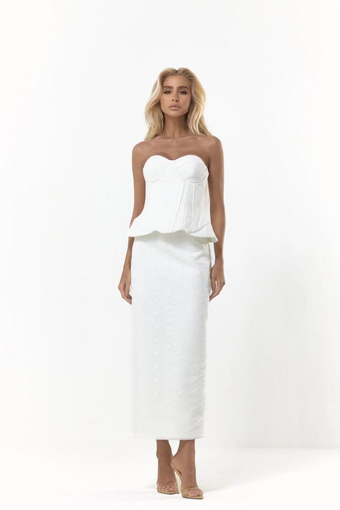 Imagem de Conjunto Voil Bordado Corset Tomara Que Caia E Saia Mídi Off White Closet De Luxe