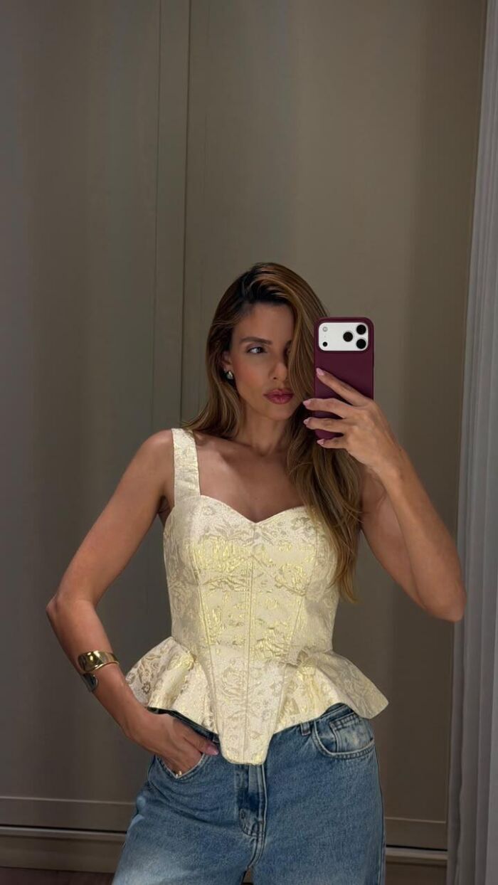 Imagem de Corset Jacquard Floral Com Alças Dourado Closet De Luxe