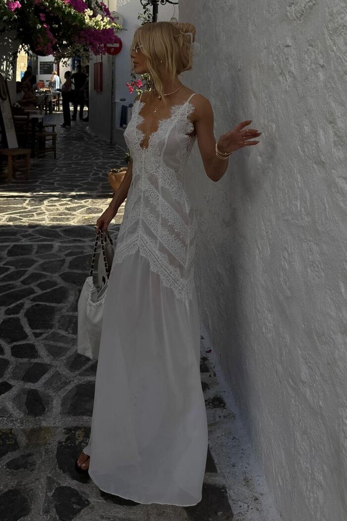 Imagem de Vestido Longo Com Fluidez Detalhes Em Renda Off White Zen