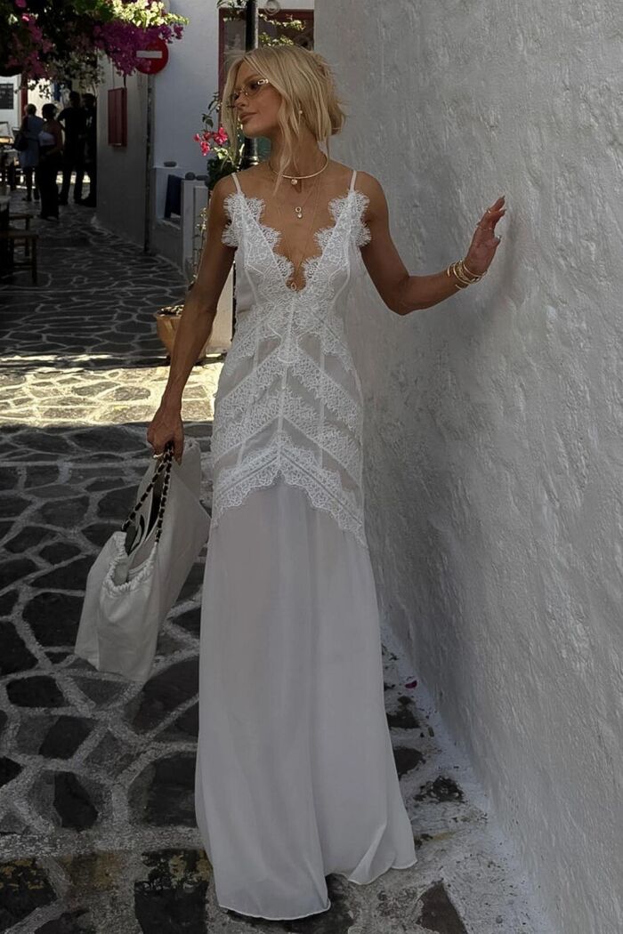 Imagem de Vestido Longo Com Fluidez Detalhes Em Renda Off White Zen
