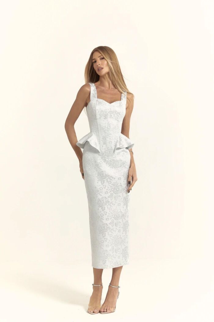 Imagem de Vestido Mídi Jacquard Rosas Off White Com Prata Closet De Luxe