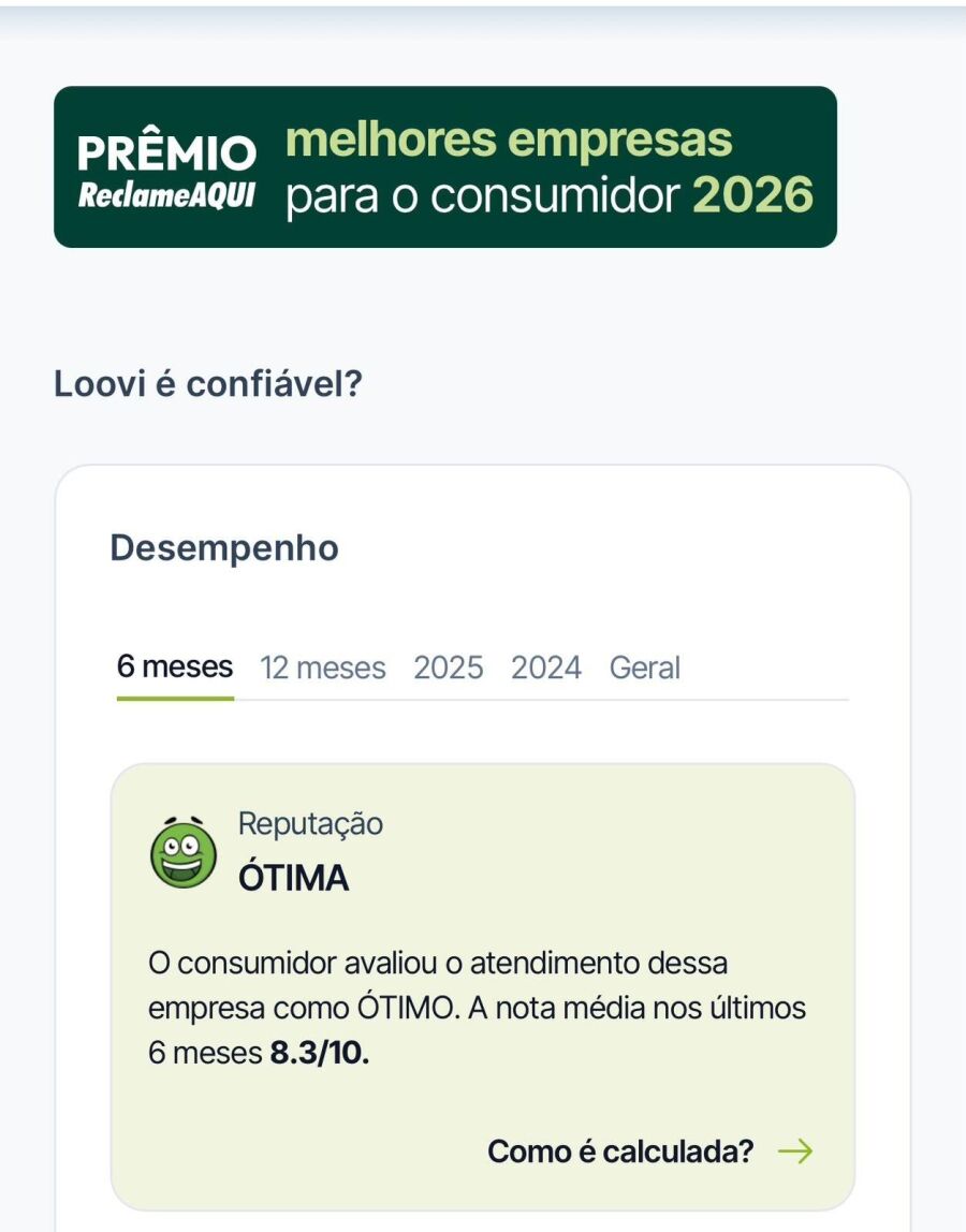 Dados do Reclame Aqui mostram a reputação da Loovi como ÓTIMA, com nota média de 8,3/10 nos últimos 6 meses, segundo a avaliação dos consumidores.
