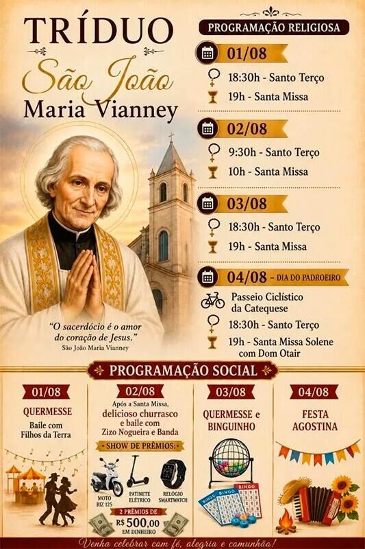 Ilustração da notícia Paraíso das Águas celebra padroeiro com Tríduo, Festa de São João Maria Vianney e Jubileu de Prata da paróquia da MS Todo dia