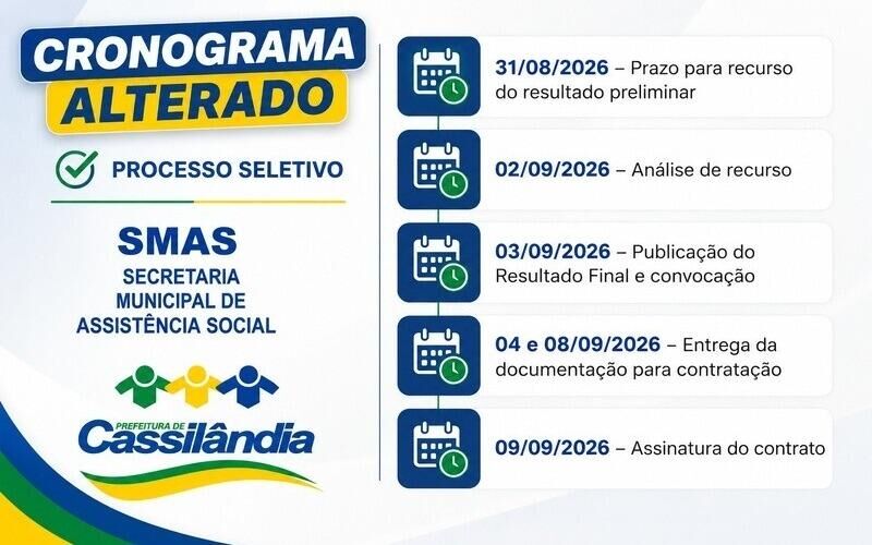 Ilustração da notícia Processo Seletivo SEAP/SMAS tem novas datas para etapas finais em Cassilândia da MS Todo dia