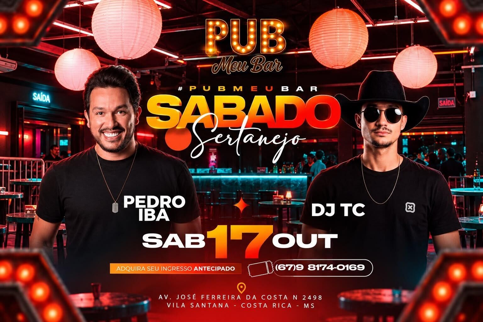 Imagem ilustrativa da matéria PUB Meu Bar recebe Pedro Iba e DJ TC neste sábado em Costa Rica; mulheres têm entrada gratuita