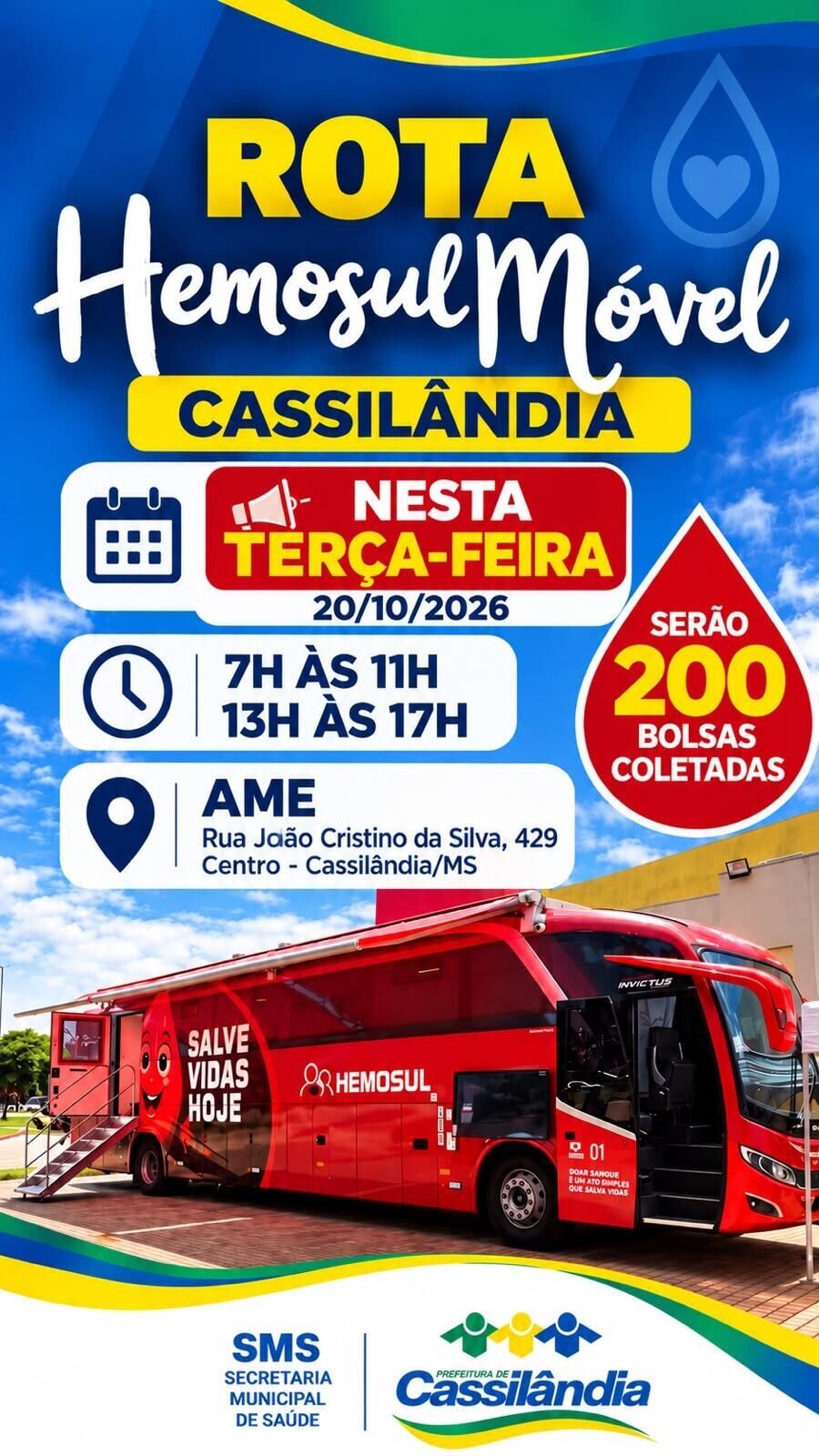 Ilustração da notícia Hemosul Móvel realiza coleta de sangue em Cassilândia nesta terça-feira da MS Todo dia